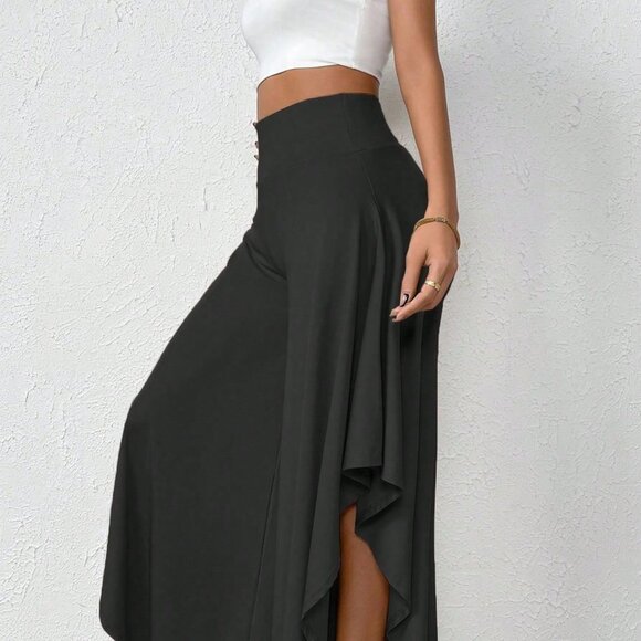 Black Preppy Womens High Waist Asymmetrical Hem Wide Leg Pants - Picture 4 of 5